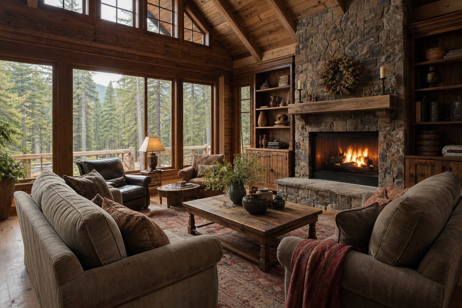Rustic living room with large windows looking out over pine forest